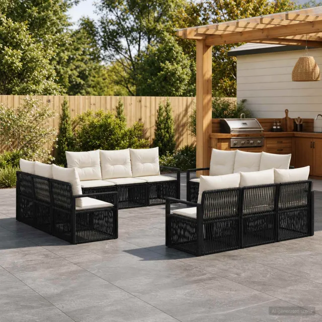 vidaXL Tuinbankenset 12 st 12-zits Zwart poly rattan, foto 2