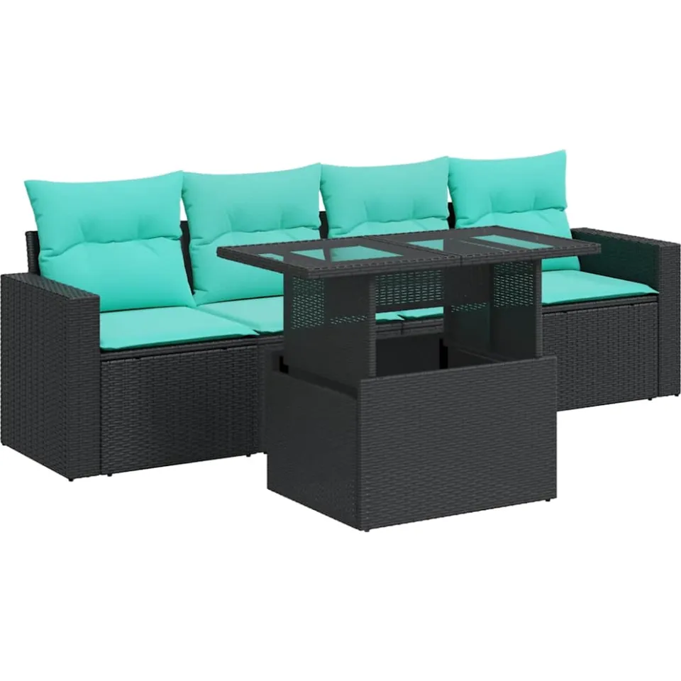 vidaXL 5-delige Loungeset met kussens poly rattan acacia zwart, foto 3