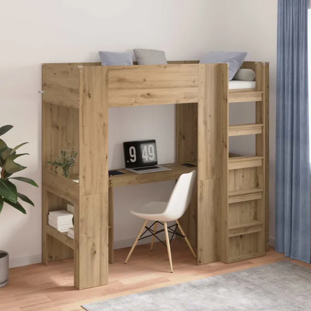 vidaXL Loft Bedframe met Bureau Artisan Eiken 75 x 190 cm Bewerkt hout Bruin