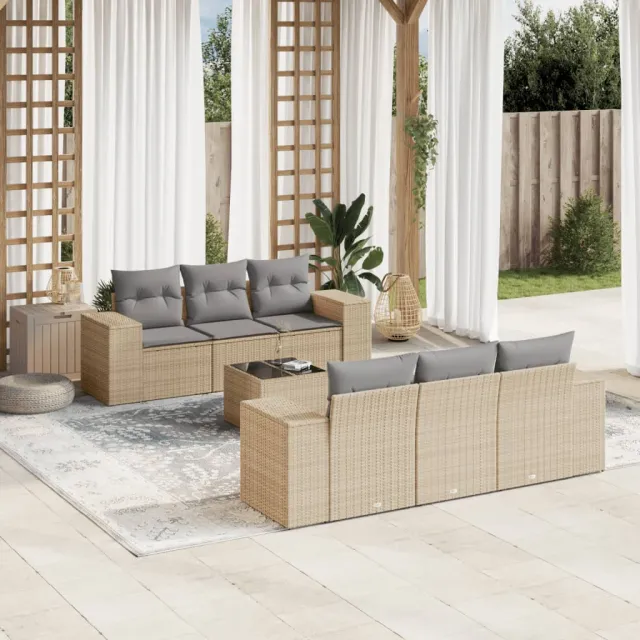 vidaXL 7-delige Loungeset met kussens poly rattan beige, foto 2
