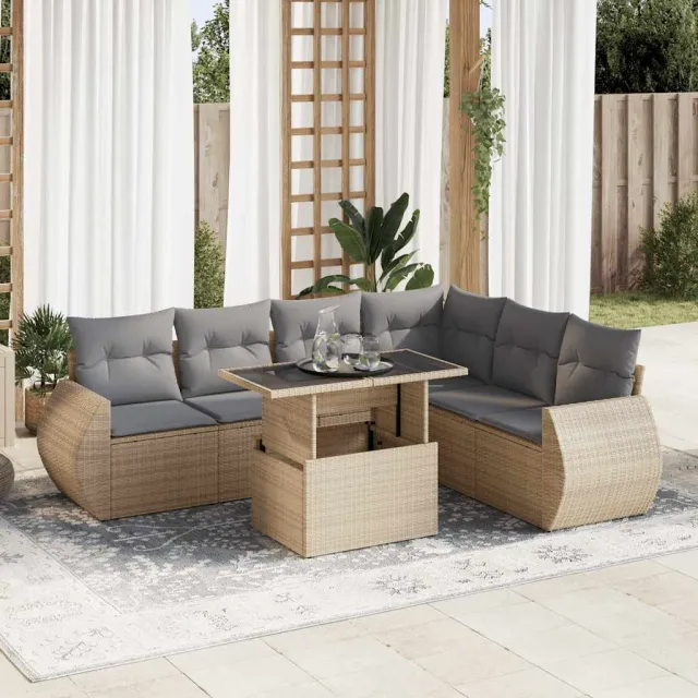 vidaXL 7-delige Loungeset met kussens poly rattan beige, foto 2