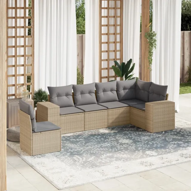 vidaXL 6-delige Loungeset met kussens poly rattan beige, foto 2