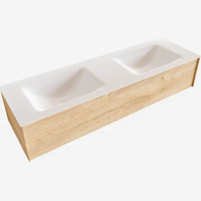 Boss & Wessing Badkamermeubel BWS Madrid Washed Oak 150x45x30 cm Mat Witte Solid Surface Wastafel Dubbel (2 kraangaten)
