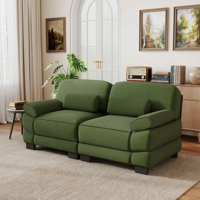 Wishdor 2-zitsbank - Modulair met diepe zitting en lendenkussen - Los te plaatsen zitelementen en afneembare armleuningen - Voor woonkamer en appartement - Ribfluweel - Groen - 194 x 88,5 x 94 cm