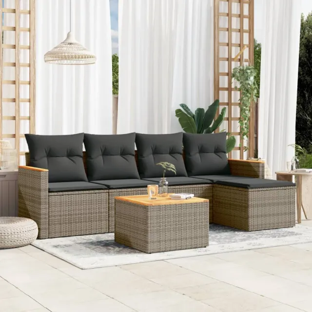 vidaXL 6-delige Loungeset met kussens poly rattan grijs, foto 2