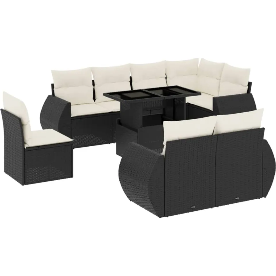 vidaXL 9-delige Loungeset met kussens poly rattan zwart, foto 3