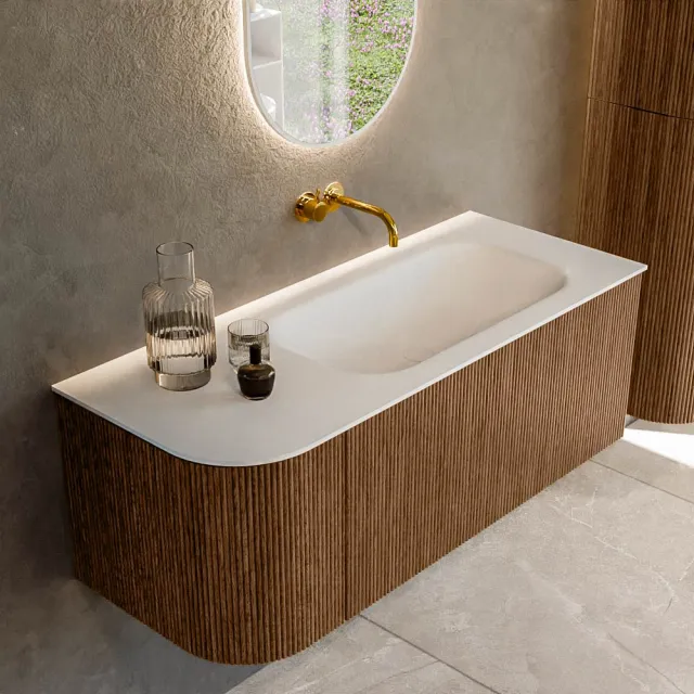 Mondiaz KURVE 115 cm Onderkast Greeploos 1 Lade Met Deuren Walnut, Wastafel Solid Surface Rechts Talc 0 Kraangaten Zonder Spiegel (KRVBGS115L1L1D0KR-Wal/Tal)