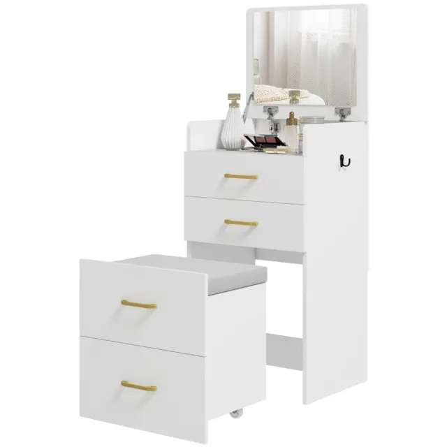 Merax 3-in-1 Kaptafel met Inklapbaar Spiegel en Hocker op Wielen – Make-uptafel of Nachtkastje met 2 Lades en Glazen Blad – Wit – 48x40x90 cm