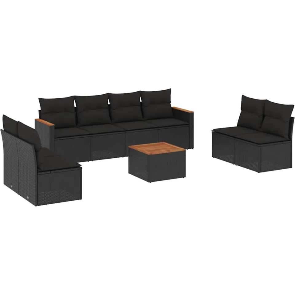 vidaXL 9-delige Loungeset met kussens poly rattan zwart, foto 3