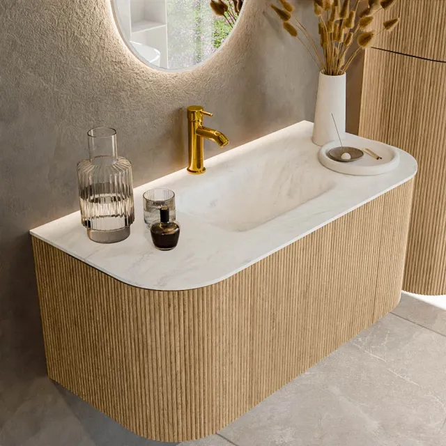 Mondiaz KURVE-DLUX 100 cm Onderkast Greeploos 1 Lade Met Deuren Oak, Wastafel Solid Surface MIdden Opalo 1 Kraangat Zonder Spiegel (KRVGRU100L+R1L2D1KM-Oak/Opa)