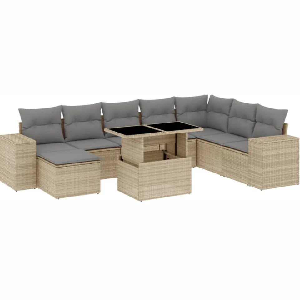 vidaXL 9-delige Loungeset met kussens poly rattan beige