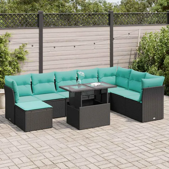 vidaXL 9-delige Loungeset met kussens poly rattan acacia zwart, foto 2