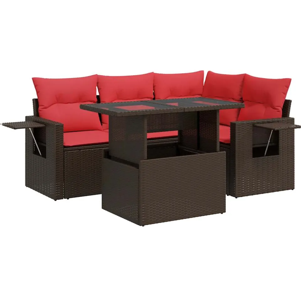 vidaXL 5-delige Loungeset met kussens poly rattan acacia bruin, foto 3