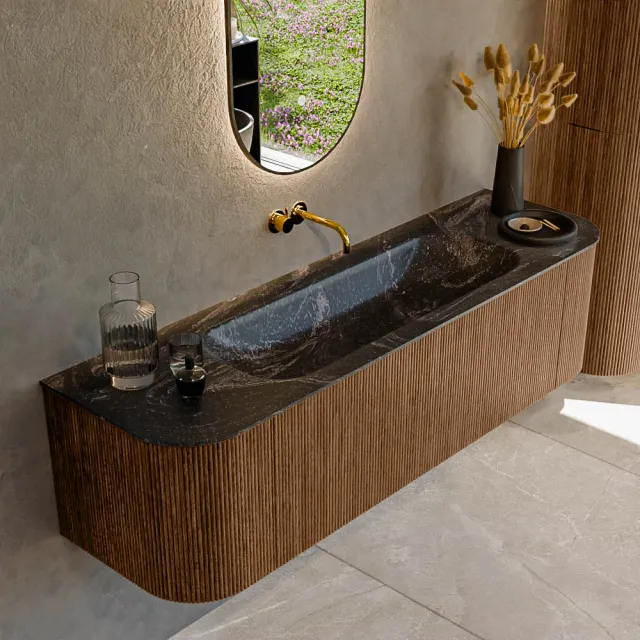 Mondiaz KURVE-DLUX 160 cm Onderkast Greeploos 1 Lade Met Deuren Walnut, Wastafel Solid Surface Midden Lava 1 Kraangat Zonder Spiegel (KRVBGM160L+R1L2D1KM-Wal/Lav)