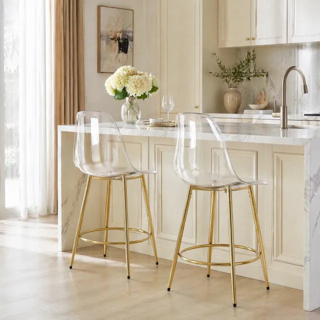 DESMIU Barkruk 102 Cm - Set Van 2 Met Transparante Zitting En Rugleuning - Voor Keukenbar En Woonruimte - Kunststof Metaal - Goud Transparant