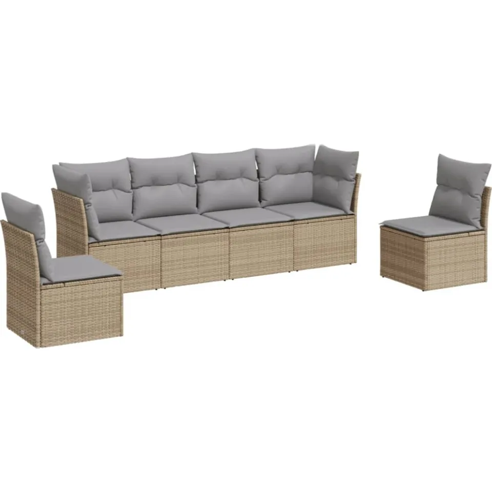 vidaXL 6-delige Loungeset met kussens poly rattan beige