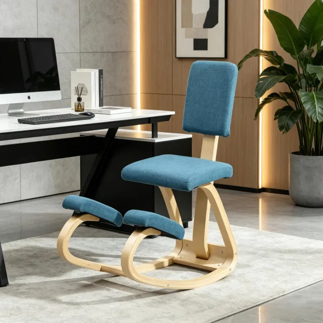 STILVORA Bureaustoel 51 x 84 x 93 cm - Ergonomische Kniestoel Met Rugleuning - Voor Thuiswerken En Meditatie - Hout En Stof - Donkerblauw