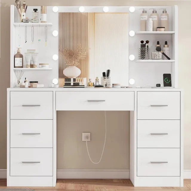Sierra , Grote kaptafel met Verlichting, Instelbare Helderheid, Make-upspiegel met Stopcontact, Make-up tafel met 7 Lades, 4 Planken en 5 Haken, Moderne Kaptafel, Wit