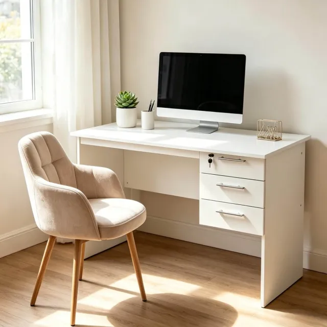 FloraGrace Bureau - Modern Bureau Met 3 Lades En Slot - Voor Kantoor, Werkkamer En Slaapkamer - Hout En Metaal - Wit - 120x60x75 Cm