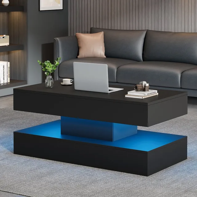 Merax Modern salontafel met LED-verlichting en verborgen opbergruimte - hydraulisch verstelbaar bijzettafeltje - 100x50x42 cm - zwart