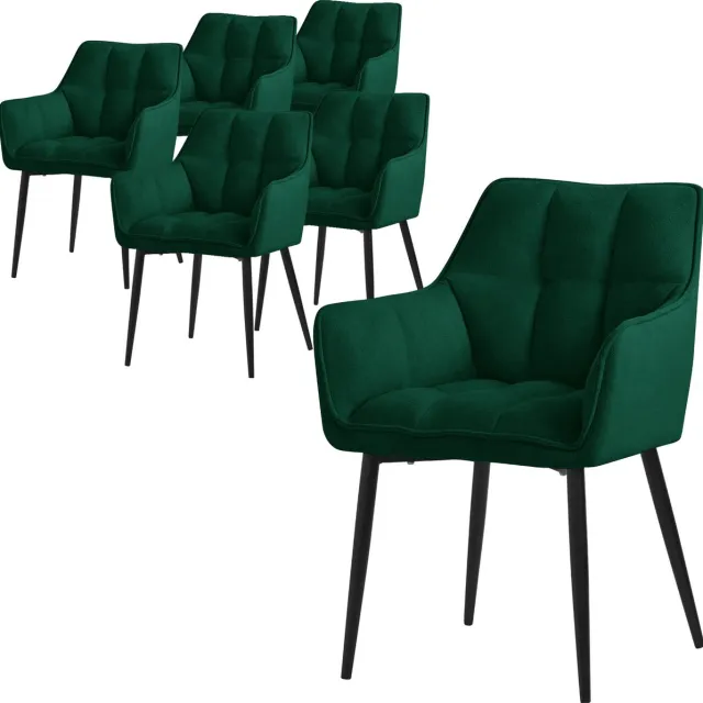 ml-design eetkamerstoelen set van 6 gemaakt van badstof, donkergroen, keukenstoel met dikke gestoffeerde zitting & metalen poten, woonkamerstoel met rugleuning en armleuningen, gestoffeerde stoel