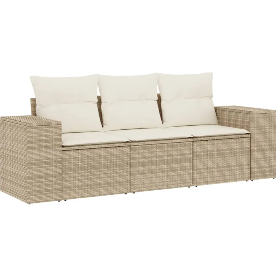 vidaXL 3-delige Loungeset met kussens poly rattan beige, foto 3