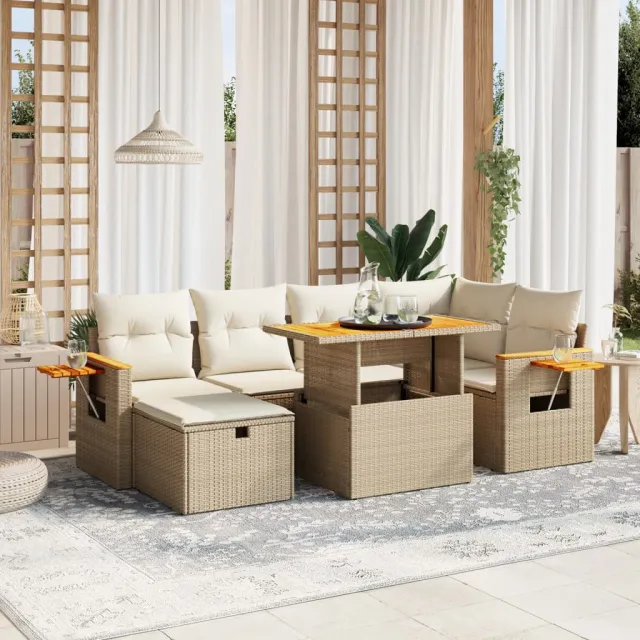 vidaXL 7-delige Loungeset met kussens poly rattan beige, foto 2