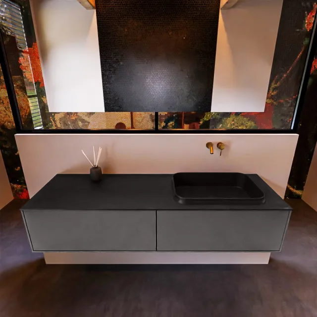 Mondiaz Badkamermeubelset Mondiaz Erin 150 cm met 2 Lades met RIDGE Wastafel Rechts Urban Zonder Kraangaten Greeploos Mat Dark Grey Grijs