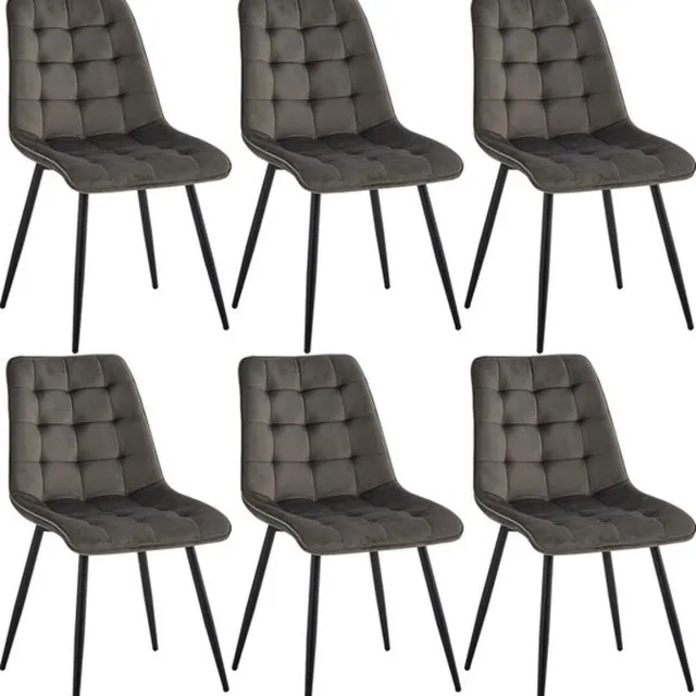 Thuys Luxe Eetkamerstoelen – Set van 6 – Metalen Frame – Fluweel Gewatteerd – Modern Design – Extra Stabiel – Stijlvol – Donkergrijs
