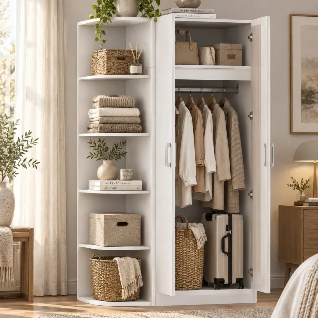 Welltin Kledingkast - Kledingkast Opbergo - Kledingkasten Slaapkamer - Garderobekast - Opbergkast - Met Hanggedeelte - Met open opbergruimte - 170x90x55 cm - Dubbele deur design - Wit