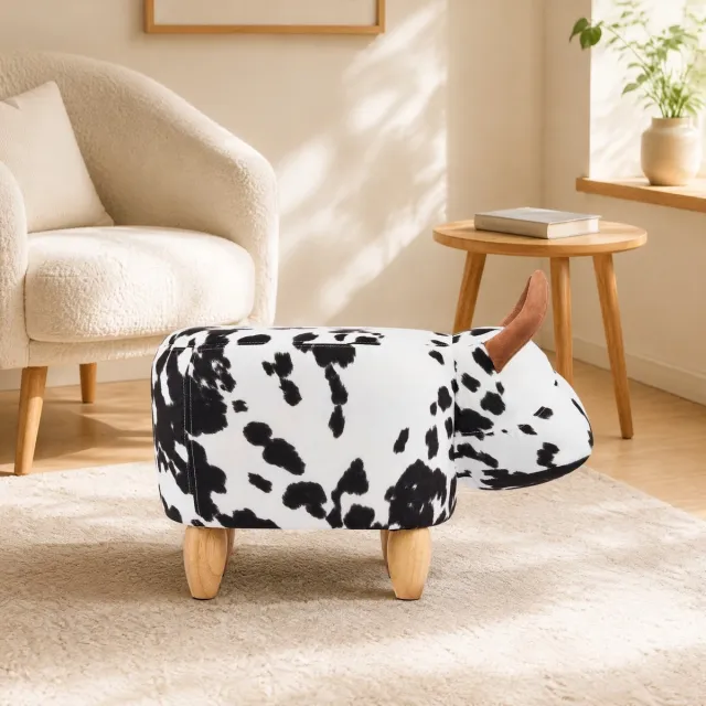 MODFU Voetenbankje - Koe Design - Zwart Wit - Hout - Voor Binnen Zwart, Wit