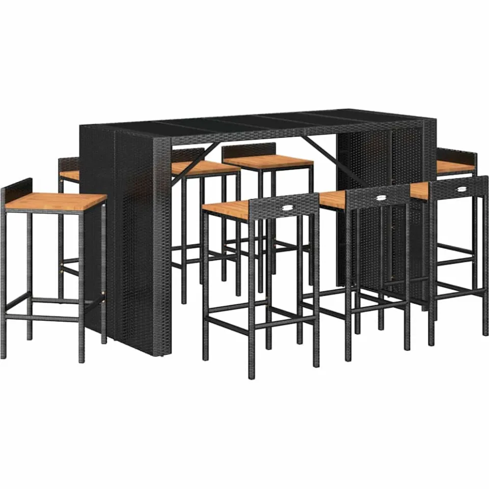 vidaXL 9-delige Tuinbarset poly rattan en massief acaciahout zwart