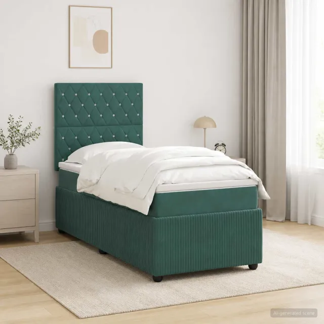 vidaXL LED Boxspring Bed met Matras Donkergroen 100 x 200 cm Fluweel
