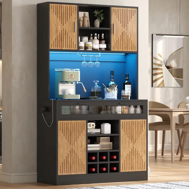 MIVRAY Keukenkast - Hoge Voorraadkast Met RGB Ledverlichting En Stopcontacten - Keuken En Eethoek - MDF - 105 x 40 x 180 Cm - Natuurlijk Zwart Naturel
