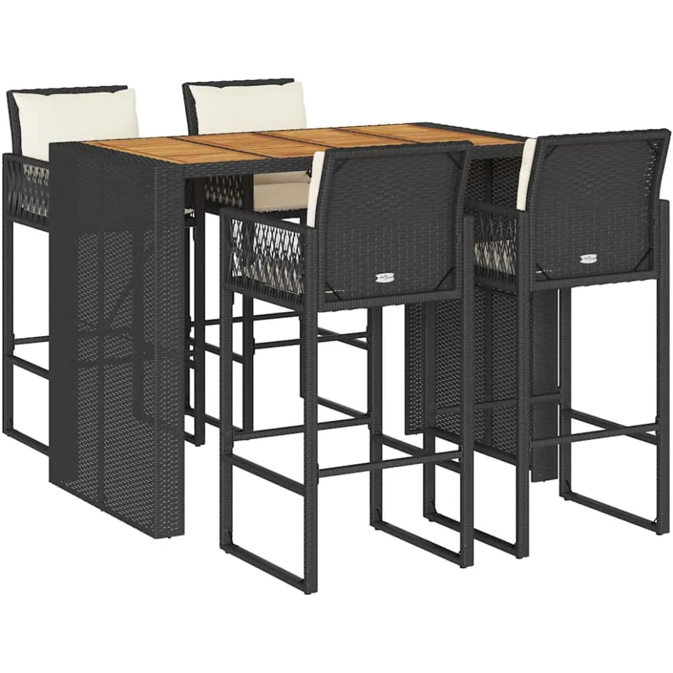 vidaXL 5-delige Tuinbarset met kussens poly rattan acacia zwart
