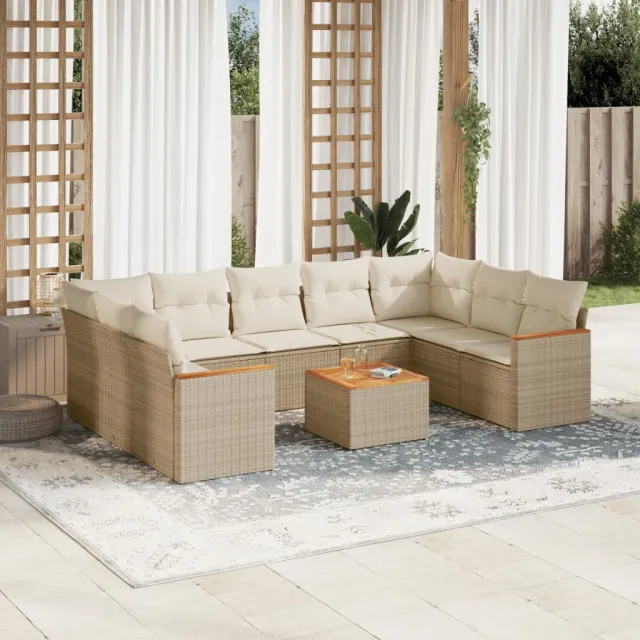 vidaXL 10-delige Loungeset met kussens poly rattan beige, foto 2