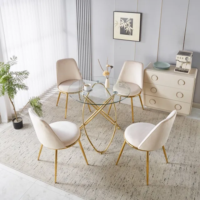 MODENUIT Eethoek 5-Delig - Tafel Met 4 Eetkamerstoelen - Hoge Rugleuning - Voor Eetkamer - Metaal Crèmewit Crème wit