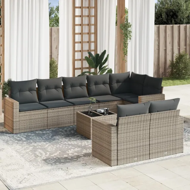 vidaXL 9-delige Loungeset met kussens poly rattan grijs, foto 2
