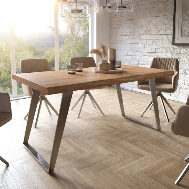 DELIFE Eetkamertafel Edge acacia natuur 160x90 XL roestvrij staal schuin Live-Edge Bruin