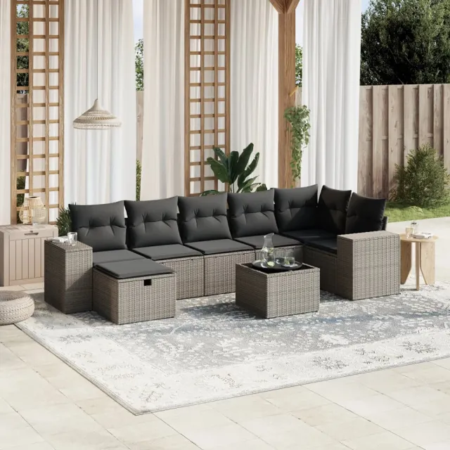 vidaXL 8-delige Loungeset met kussens poly rattan lichtgrijs grijs, foto 2