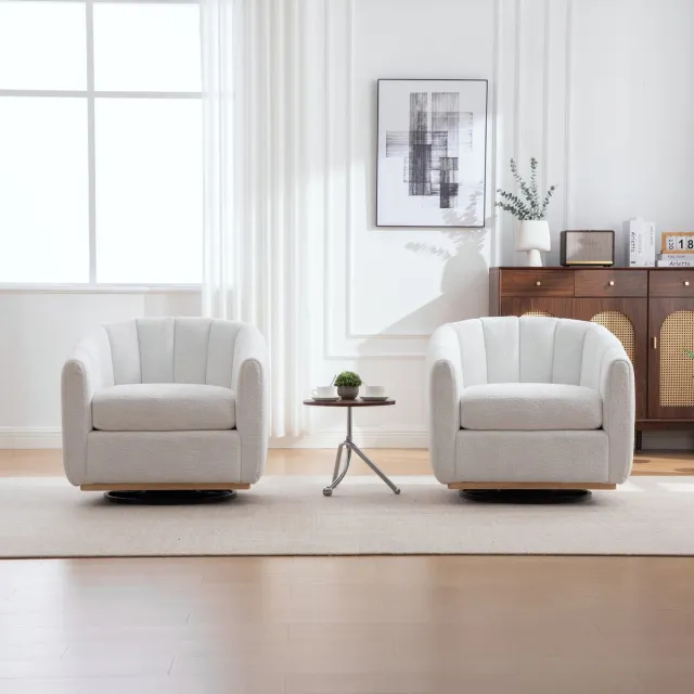 MEUNIQ Draaifauteuil 81 x 73 x 75,5 cm – 360° draaibaar, gevoerde chenille zitting, ronde metalen voet, clubfauteuil voor woonkamer en slaapkamer, ivoor