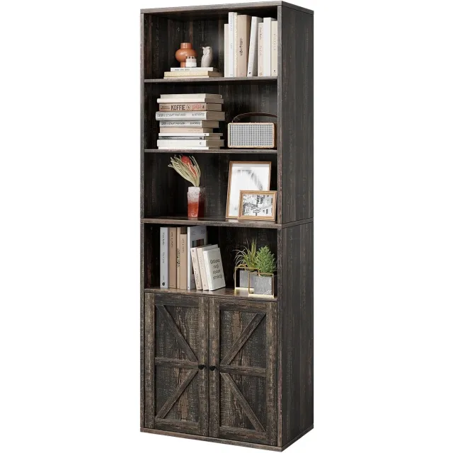 HOERFURIY Industriële boekenkast set van 2, 6 open planken met kastruimte, donker eiken voor woonkamer en kantoor Donker eikenhout