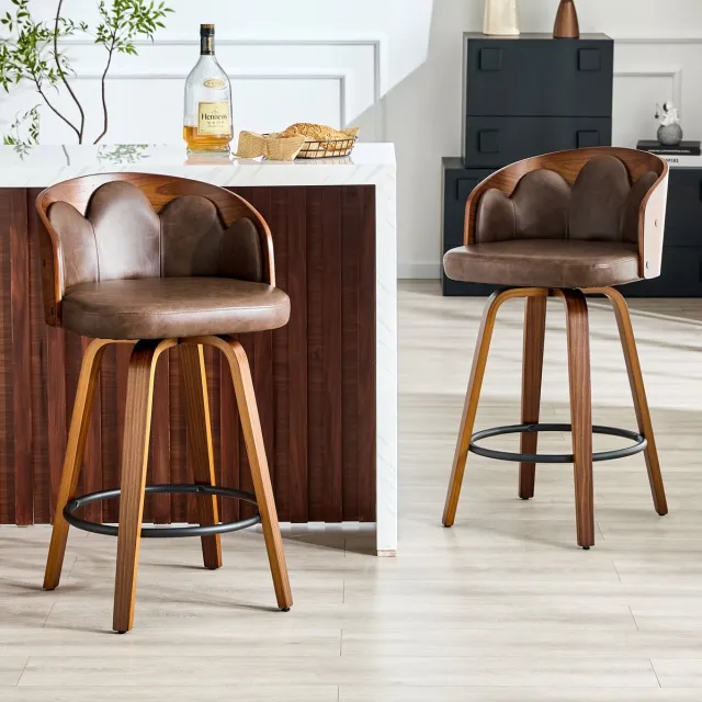 OKWISH Barkruk - Set Van 2 Met Bloemvormige Rugleuning En Armleuningen - Gebogen Hout, Kunstleer En Voetring - Voor Keukeneiland Of Bar - Bruin