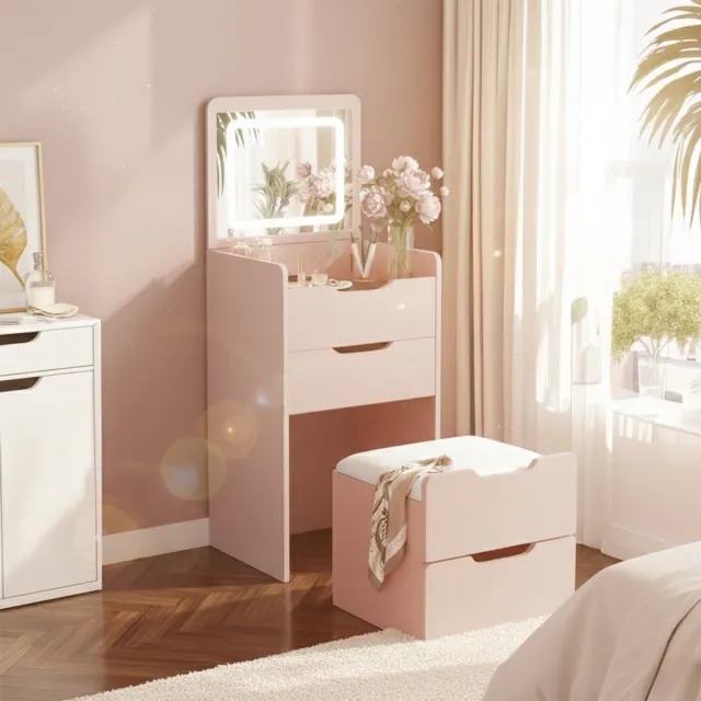 MAZAZU Kaptafel met Spiegel en Verlichting - Make-up Tafel met LED - Krukje - Roze - 120 cm