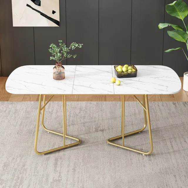 REDOM Eettafel 140/180*80 cm van MDF met marmerstructuur, uitschuifbaar, gouden metalen poten, modern