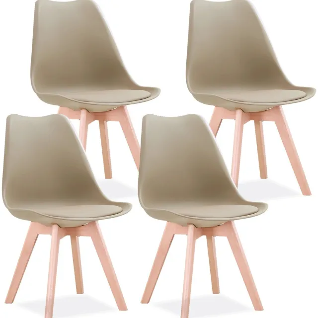 Smyl. Trendique - Eetkamerstoelen - Set van 4 - Kuipstoelen - Gewatteerd - Scandinavisch design - Houten poten - Beige - 47x48x82 cm