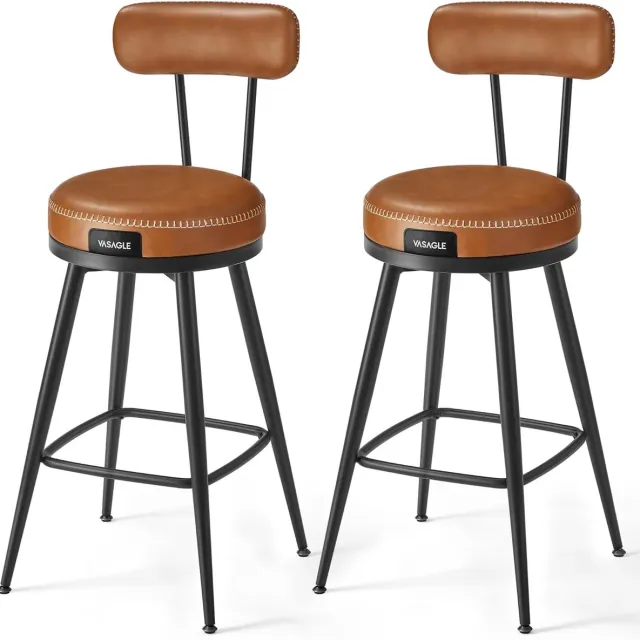 FurnStar Barkruk set van 2 - 360° draaibare barkruk - Kruk met rugleuning voor keukeneiland - Kunstleer met naden - Mid-Century moderne stijl - 65 cm hoog - Keuken huisbar - Karamelbruin Karamel bruin