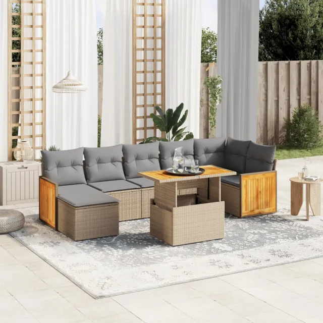 vidaXL 8-delige Loungeset met kussens poly rattan beige, foto 2