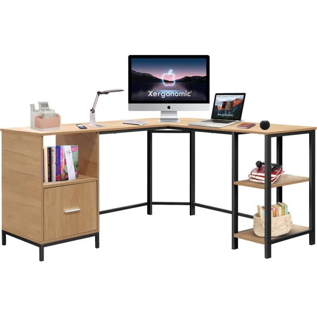 Xergonomic Industrieel hoekbureau met kastje– Stalen frame met houten hoekbureaublad – 150x137x75 cm - Stevige laptoptafel – Zwart/Naturel
