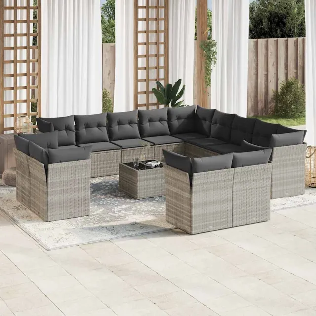 vidaXL 14-delige Loungeset met kussens poly rattan lichtgrijs grijs, foto 2
